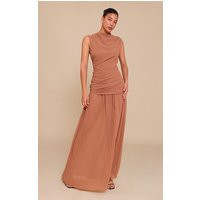 Mocha Chiffon Ruched Dropped Waist Sleeveless Maxi Dress | PrettyLittleThing US