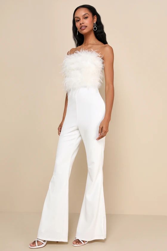 Fantastically Flawless White Feather Strapless Flared Jumpsuit | Lulus