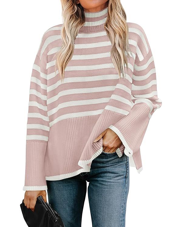 ZESICA Women's 2024 Winter Sweaters Casual Turtleneck Long Sleeve Striped Side Slit Loose Pullove... | Amazon (US)