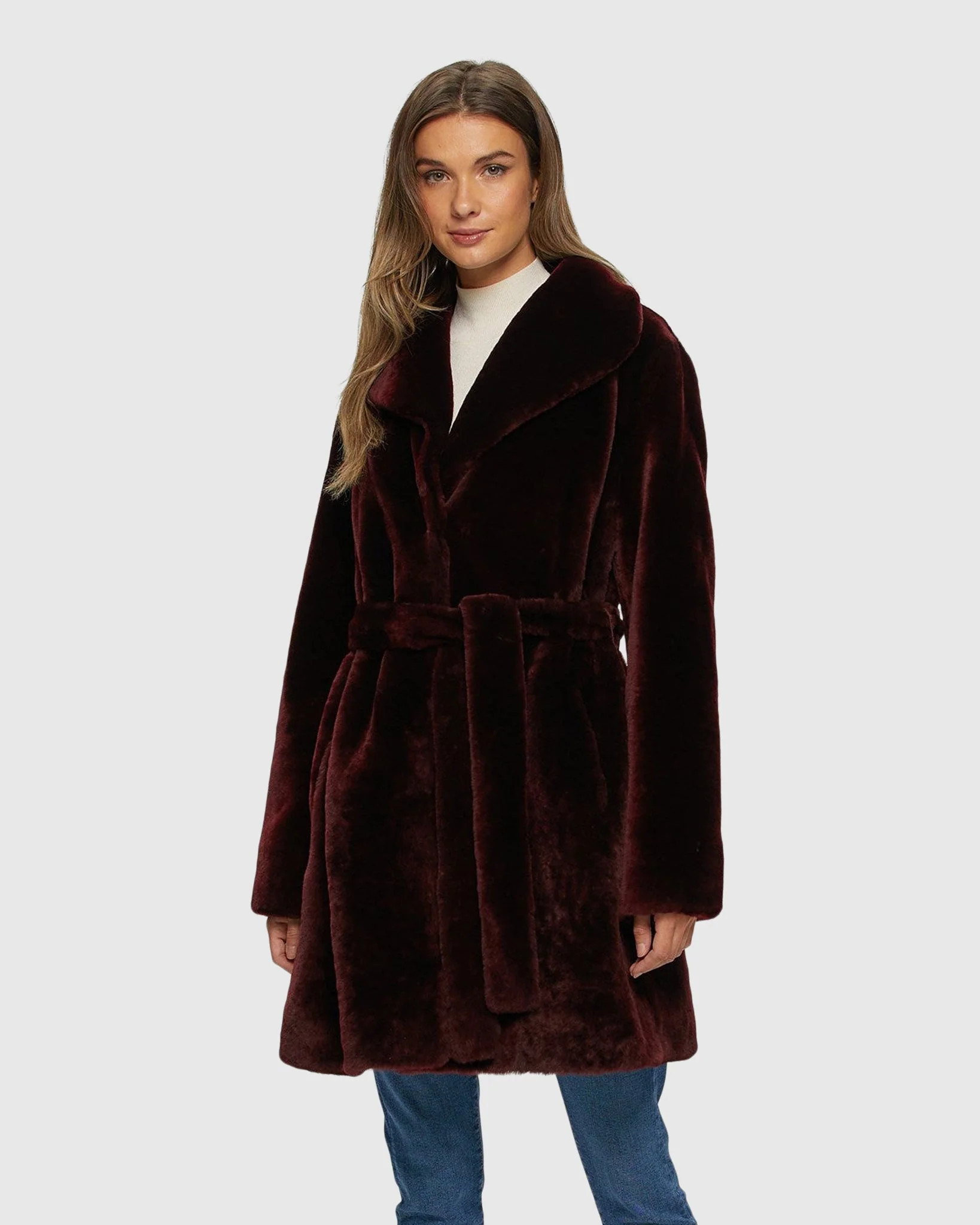 SHEARLING LAMB STROLLER, REVERSIBLE TO TAFFETA, BELT | Shop Simon