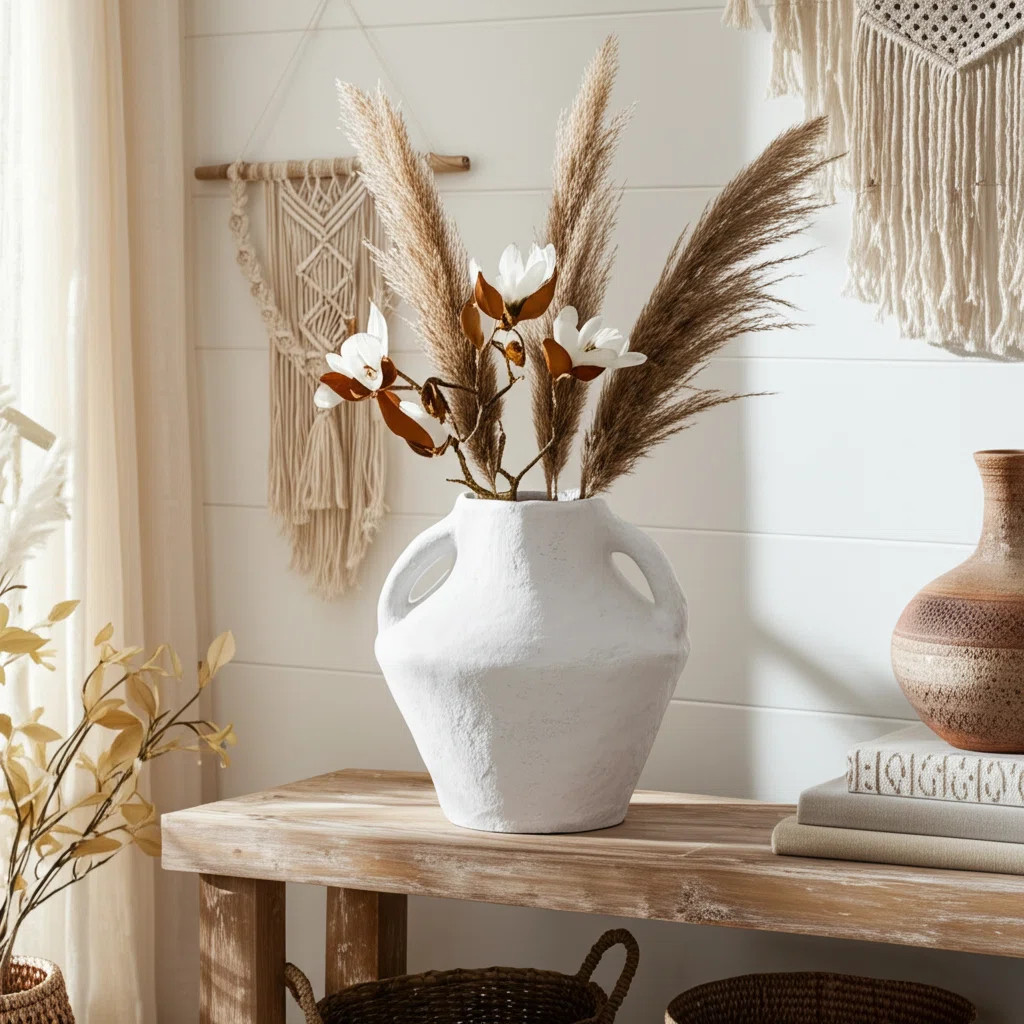 Handcrafted Boho Pottery Vase with Paper Mache Detailing and Textured Artisan Design | Wayfair North America