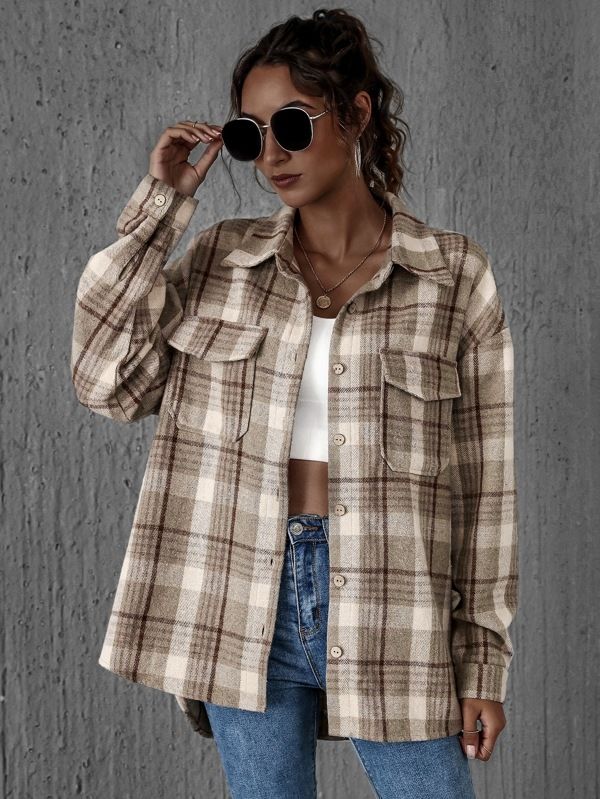 Button Front Patch Pocket Plaid Coat | SHEIN