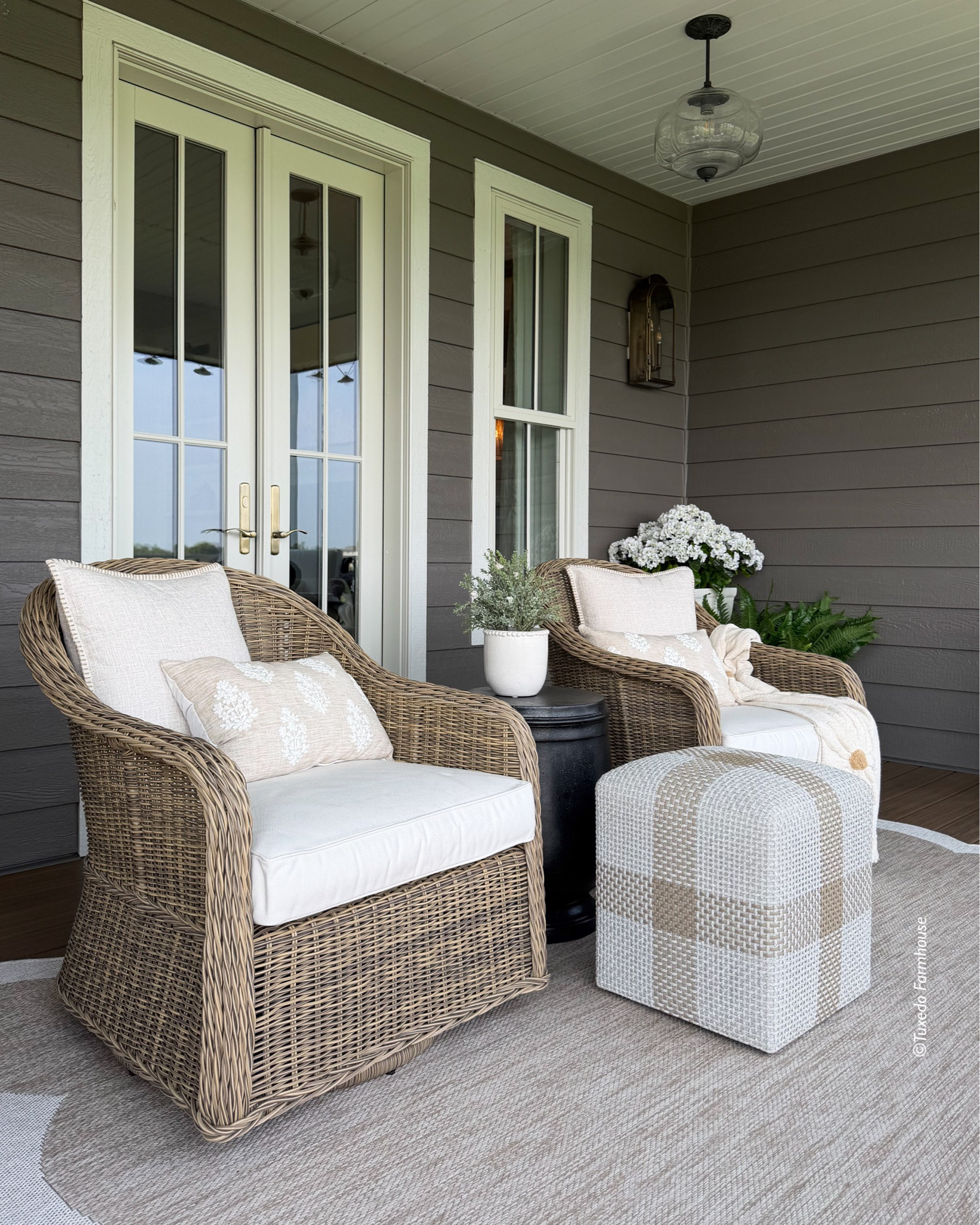 My screened porch is done, styled and being enjoyed! When I built my home two years ago, I had planned a deck. After living in my home a bit, I decided on screened and extended it two feet. Which meant the roof gable needed to be rebuilt and extended. It was fun to watch that process. . 

DETAILS:
Size — 12x17
Siding — LP Tundra Gray
Flooring — Trex Toasted Almond
French Doors — Anderson 24”
White Rail, Black Balusters

#LTKSeasonal #LTKHome #LTKvlog