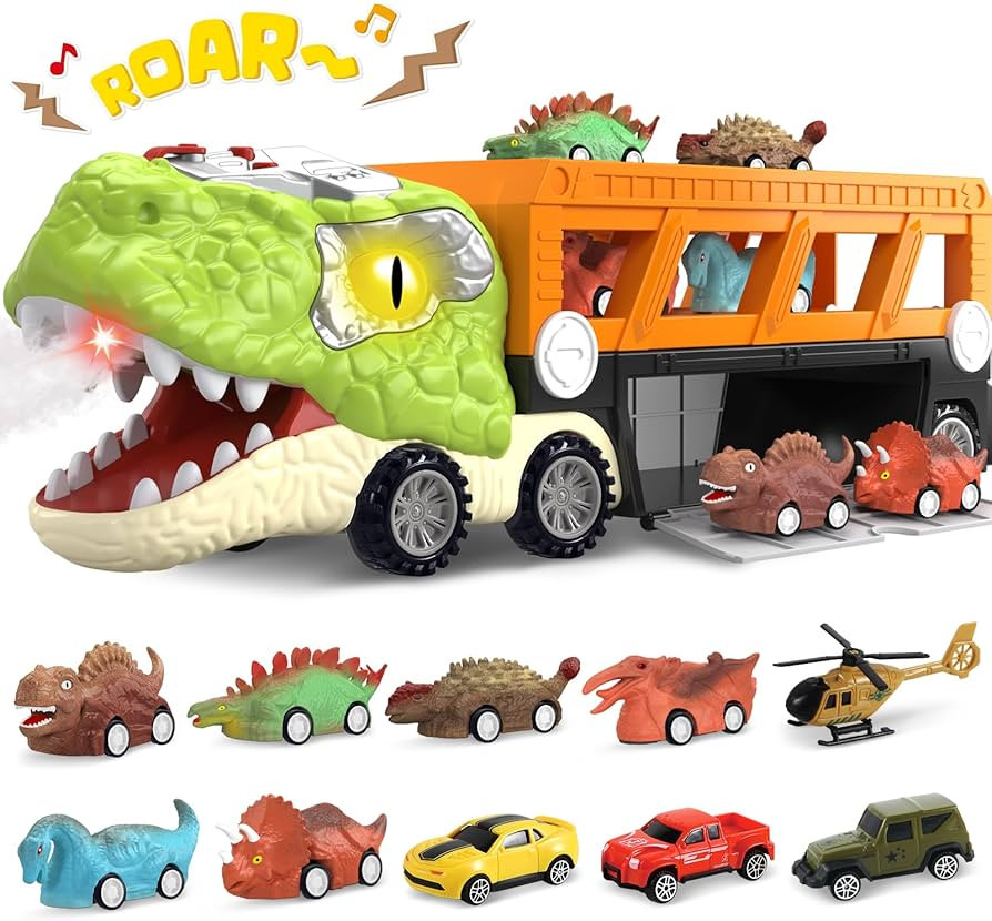 SpringFlower 11 in 1 Dinosaur Toys, Dinosaur Toys for Kids 3-5, Dinosaur Truck with 10 Pull Back ... | Amazon (US)