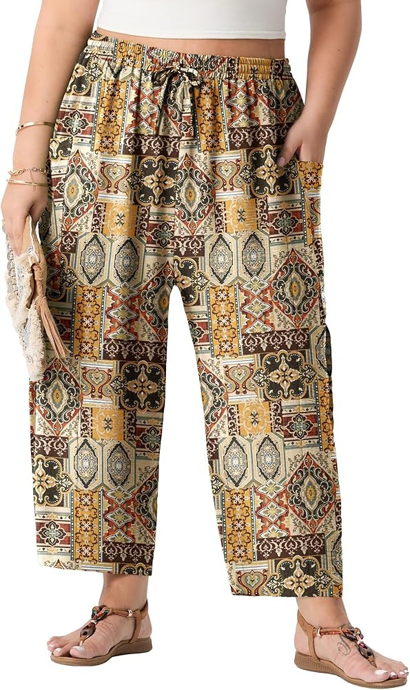 OLRIK Plus Size Pants for Women Wide Leg Cropped High Waisted Flowy Lightweight Pull On Loose Fit... | Amazon (US)