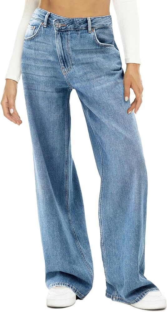 HDLTE Women Wide Leg Jeans High Waist Baggy Jeans Loose Boyfriend Jeans Denim Pants Y2K | Amazon (US)