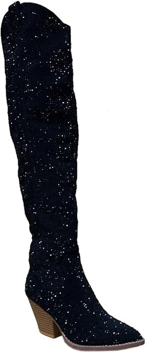 ABSOLEX Women Western Cowgirl Cowboy Pointed Toe Rhinestone Mid-Calf Over the Knee Boots | Amazon (US)