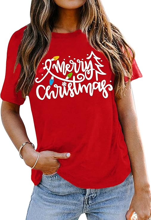 Christmas Shirts Women Funny Merry Christmas Lights Graphic Tees Xmas Tree T-Shirt Holiday Tops | Amazon (US)