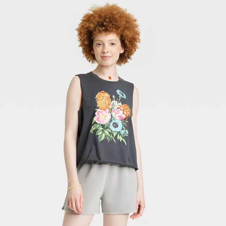 Women's Floral Bouquet Graphic Tank Top - Black | Target