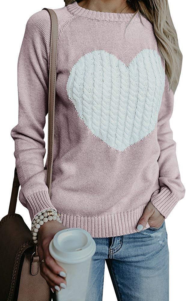 EC ELEGANTCHARM Women's Pullover Sweaters Knitted Long Sleeve Crewneck Heart Patchwork Jumper Cozy T | Amazon (US)