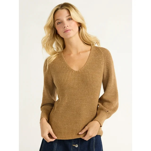 Free Assembly Women's V-Neck Sweater with Long Puff Sleeves, Midweight, Sizes XS-XXL | Walmart (US)