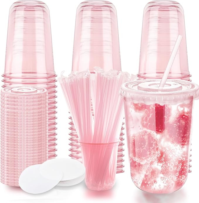 16oz Disposable Stemless Glasses with Flat Lids and Straws,PET Disposable Drinking Cups,Clear Pla... | Amazon (US)