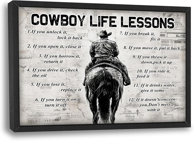 Cowboy Wall Art Cowboy Life Lessons Framed Wall Decor Sports Motivational Quotes Canvas Pictures ... | Amazon (US)