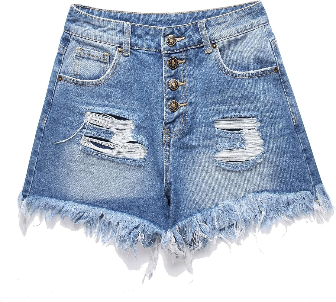 GUNLIRE Women's High Rise Denim Shorts Summer Ripped Distressed Button Down Frayed Fashion Washed... | Amazon (US)