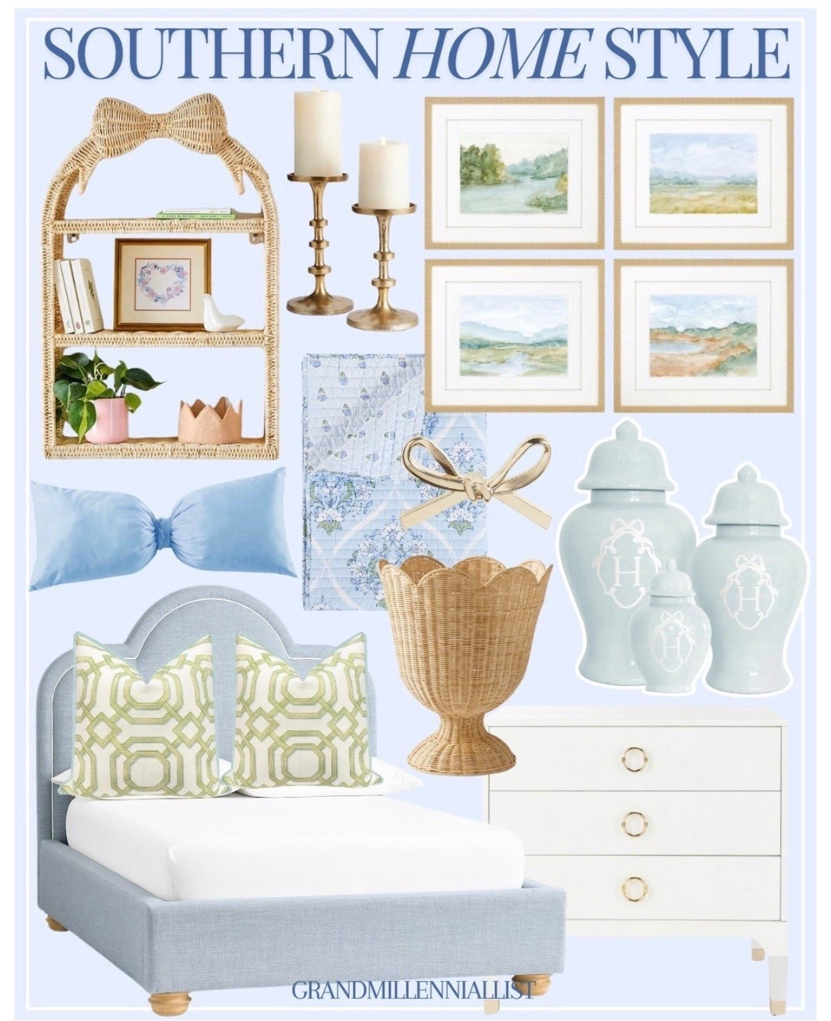 Styling ideas! 

Grandmillennial style home decor interior designing artwork rattan shelf scalloped upholstered bed rattan planters woven 

#LTKHome