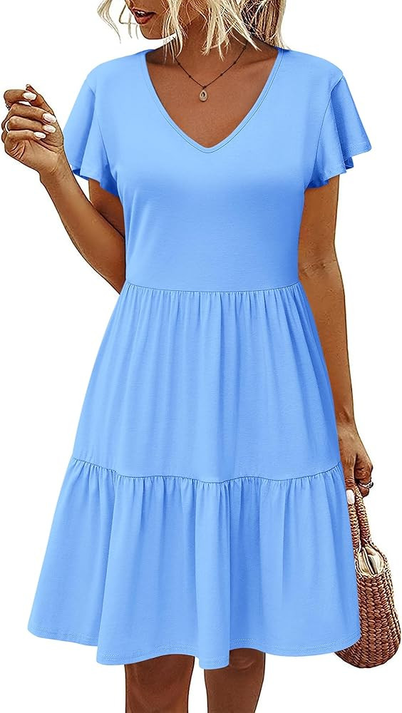 HOTOUCH Women's Casual Tiered Dress with Pockets V Neck Ruffle Dress Cap Sleeve Swing Mini Dress ... | Amazon (US)