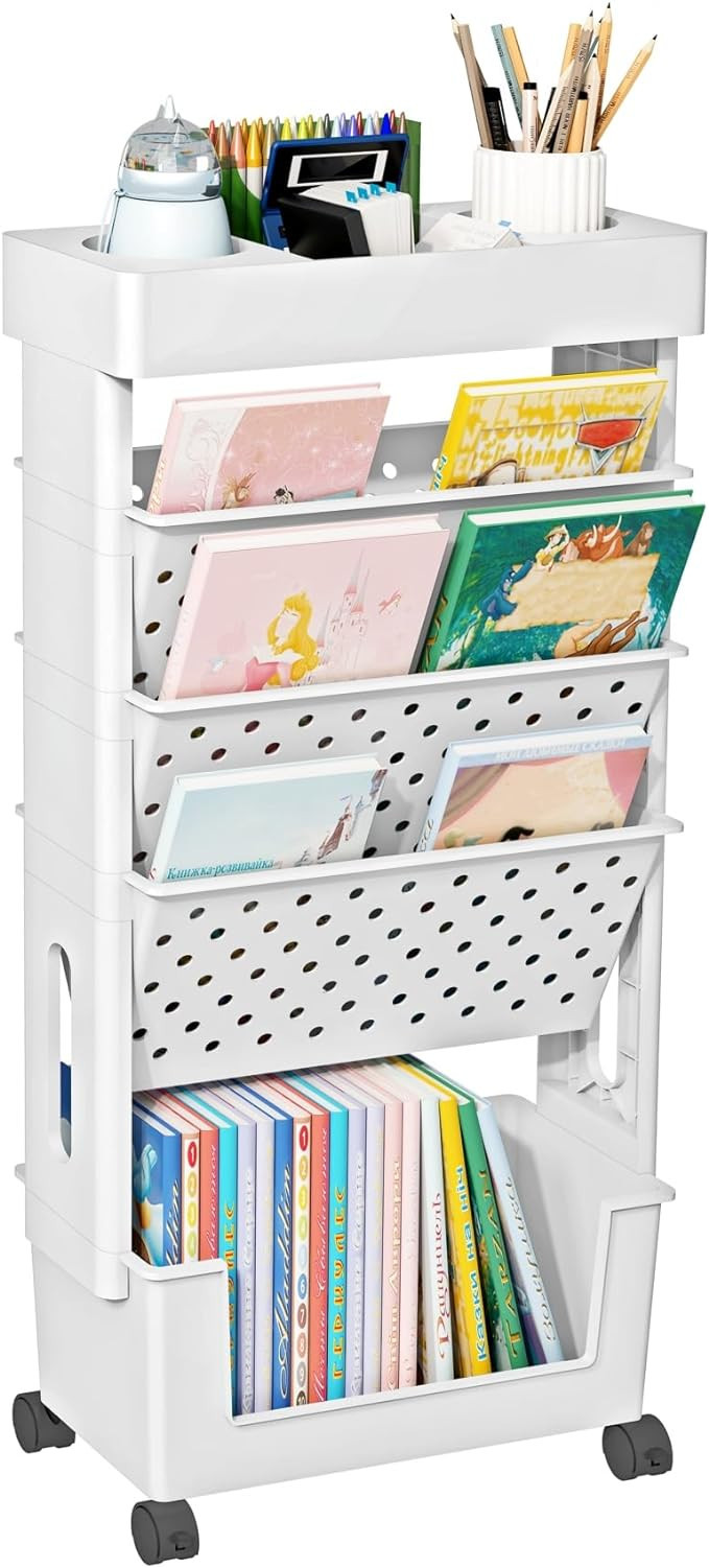YEMUNY 5 Tier Rolling Utility Cart Multi-Functional Movable Storage Book Shelves with Lockable Ca... | Amazon (US)