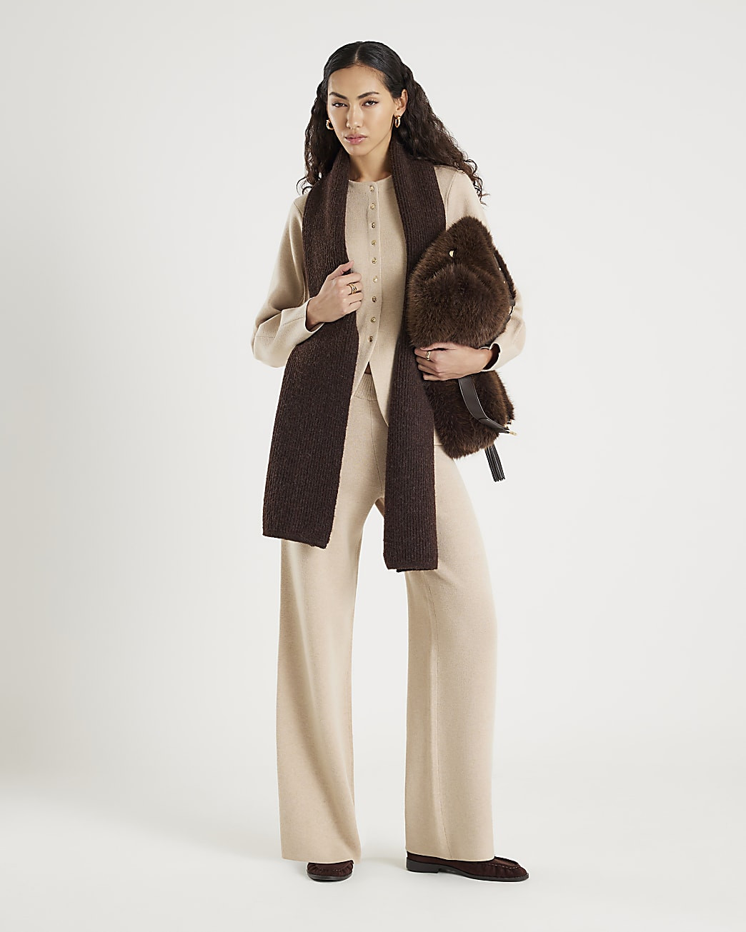 Beige Knitted Wide Leg Trousers | River Island UK & IE