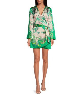 Gianni Bini Jenni Paisley Printed Satin V-Neck Long Sleeve Mini Wrap Dress | Dillard's | Dillard's