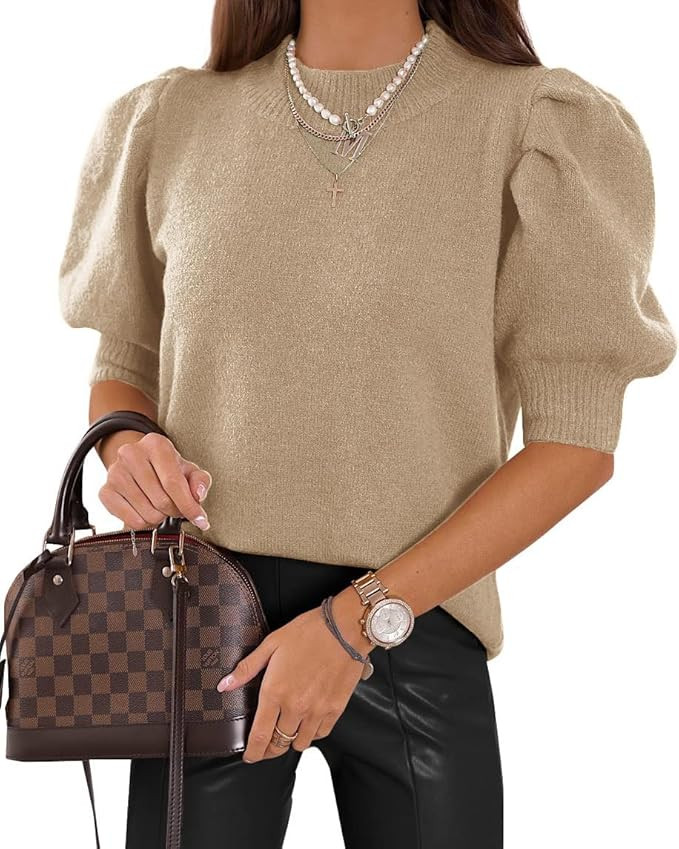 Women's Puff Short Sleeve Sweaters 2024 Fashion Spring Tops Casual Pullover Shirts | Amazon (US)