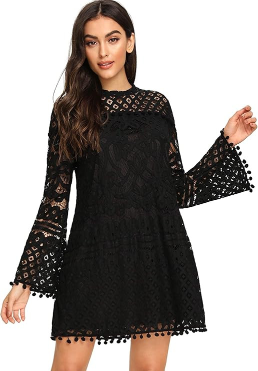 SheIn Women's Crochet Pom-pom Sheer Lace Bell Sleeve Dress | Amazon (US)