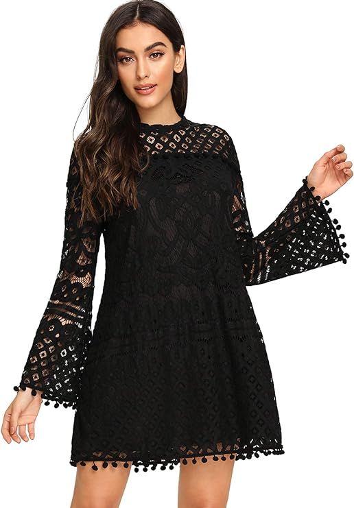 SheIn Women's Crochet Pom-pom Sheer Lace Bell Sleeve Dress | Amazon (US)