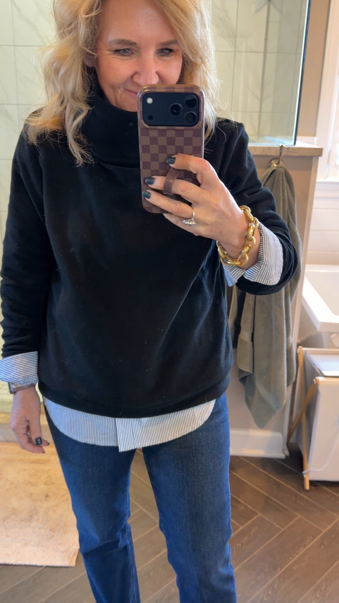 Dudley Stephens fleece the best quality warmest piece! I size up yo a large 
Striped blouse relaxed fit medium 
Jeans size 28 for a trim fit 
Best white tennis shoes tts 

#LTKPetite #LTKootd #LTKOver40