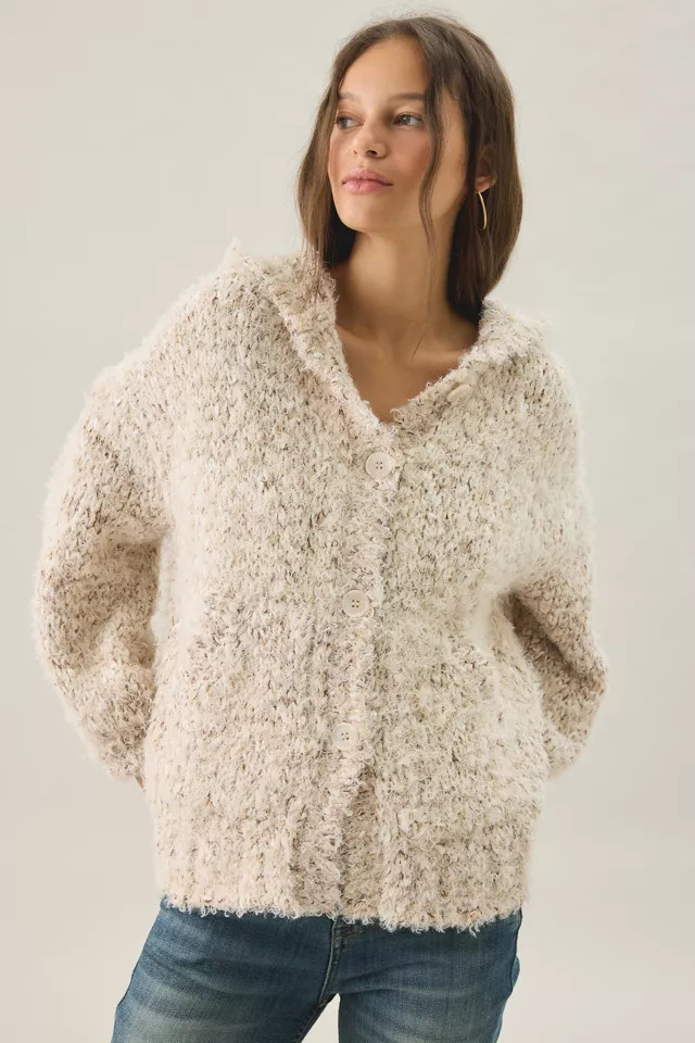 BDG Homesick Fuzzy Knit Hooded Oversized Cardigan in Ivory Combo, Women's at Urban Outfitters | Urban Outfitters (US and RoW)