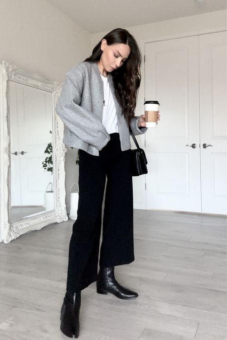 Gray bomber jacket outfit with black wide leg jeans and black flat booties ☕️🖤

Bomber jacket outfit, minimalist outfit, cool workwear, cool casual work outfit, black booties outfit, wide leg jeans outfit 

#LTKstyletip #LTKworkwear #LTKshoecrush