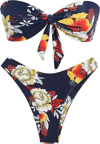 ZAFUL Womens Knotted Bandeau Bikini Sets Strapless High Cut Sexy Swimsuits | Amazon (US)
