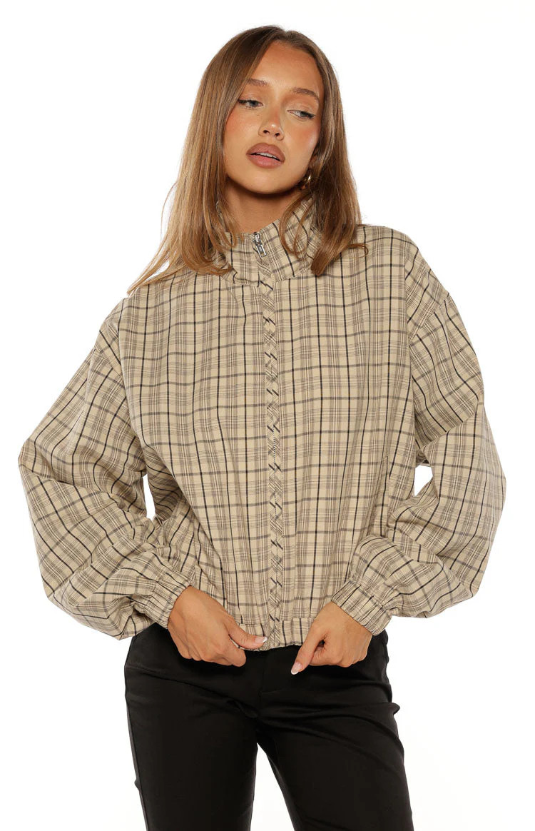 Lee Beige Plaid Funnel Neck Jacket | Beginning Boutique | Beginning Boutique (US)