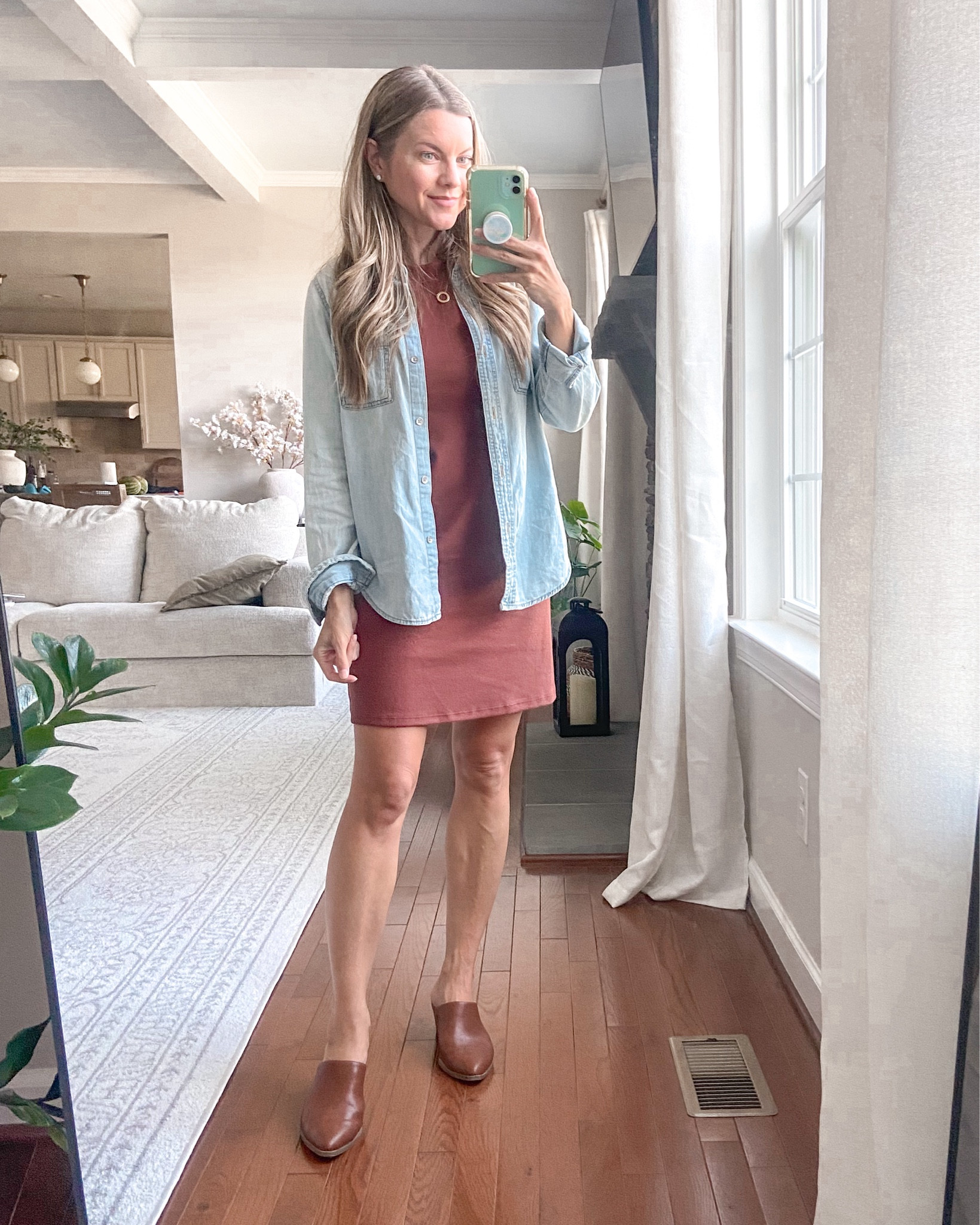 Target ribbed t-shirt dress in pretty fall color, with a chambray shirt. #falltransition #softautumn

#LTKFindsUnder50 #LTKOver40
