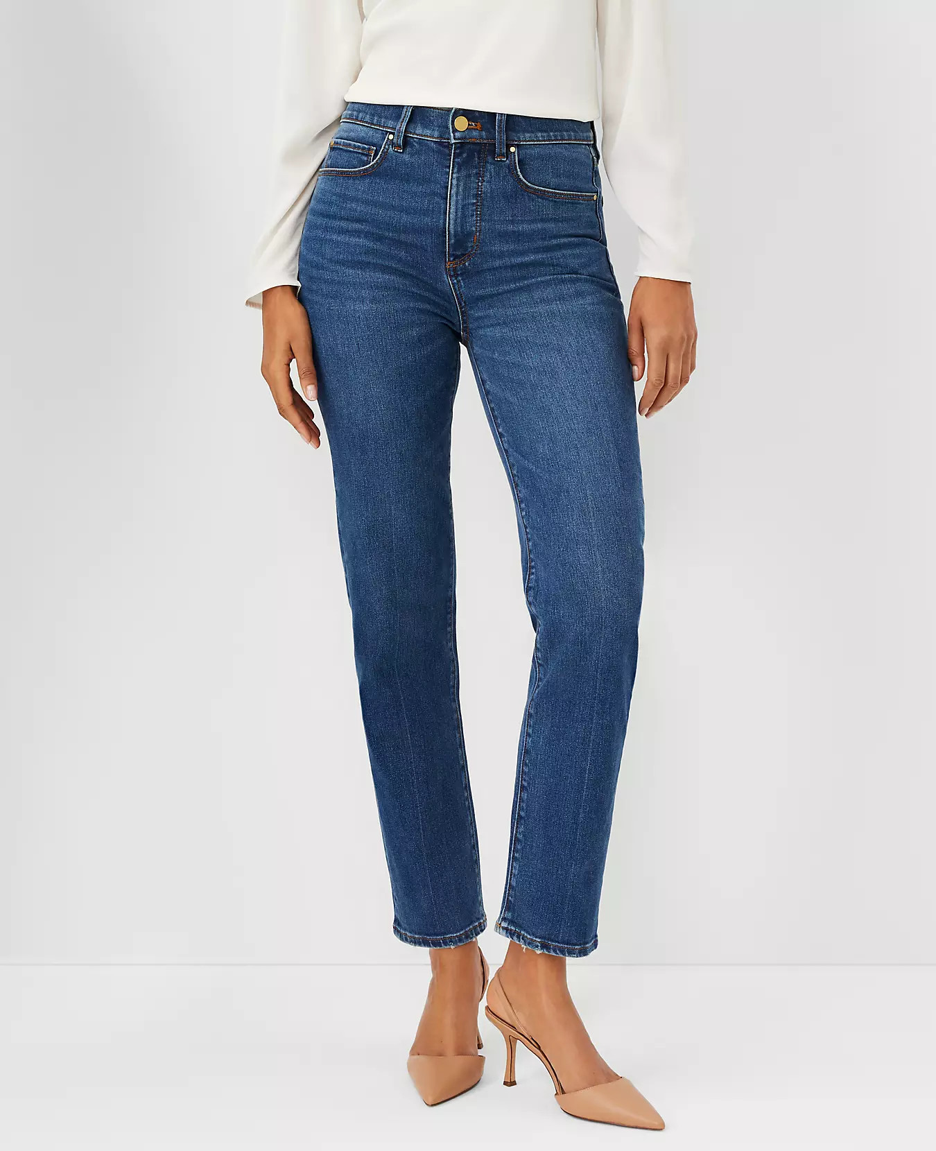 Sculpting Pocket High Rise Straight Jeans in Classic Mid Wash | Ann Taylor (US)