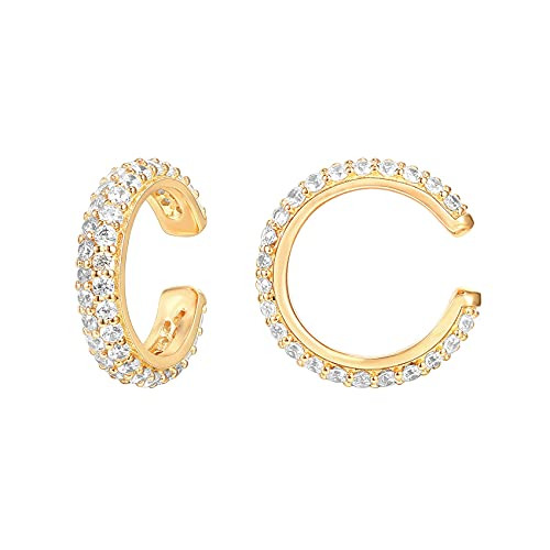 PAVOI 925 Sterling Silver 14K Gold Plated Cubic Zirconia Sparkling Round Huggie Ear Cuff Gold Ear... | Amazon (US)