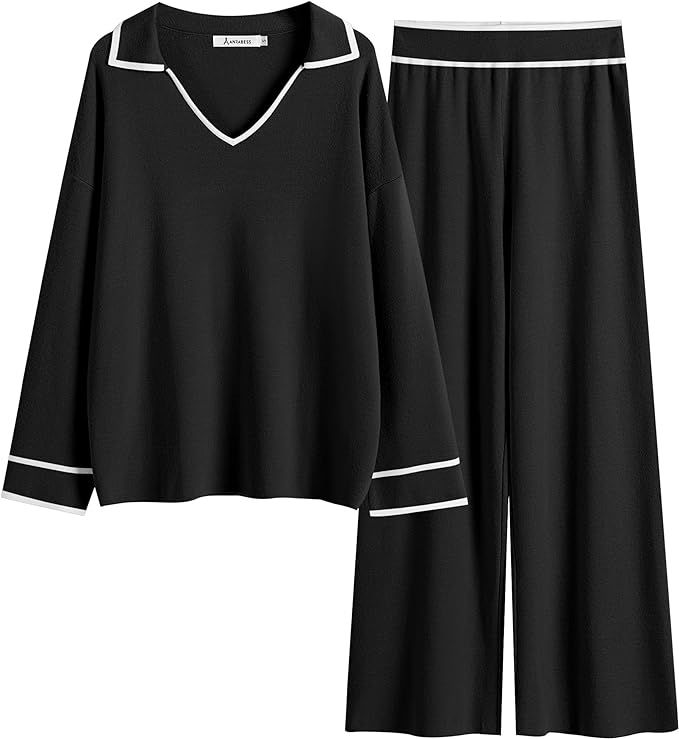 ANRABESS Womens 2 Piece Outfits Lounge Set V Neck Long Sleeve Knit Pullover Tops and High Waist W... | Amazon (US)