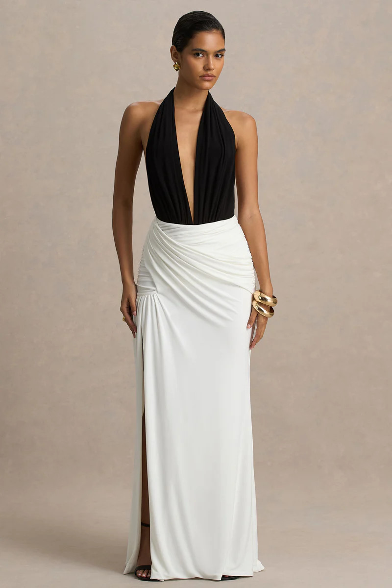 Tilly  Black And White Extreme-Plunge Neck Maxi Dress With Wrap And Ruched Details | Club L London