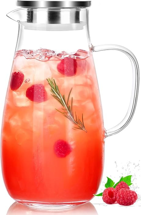 LUNA & MANTHA Glass Pitcher with Lid, Water Pitcher for Fridge, 64oz Drink Jug with handle, Boros... | Amazon (US)