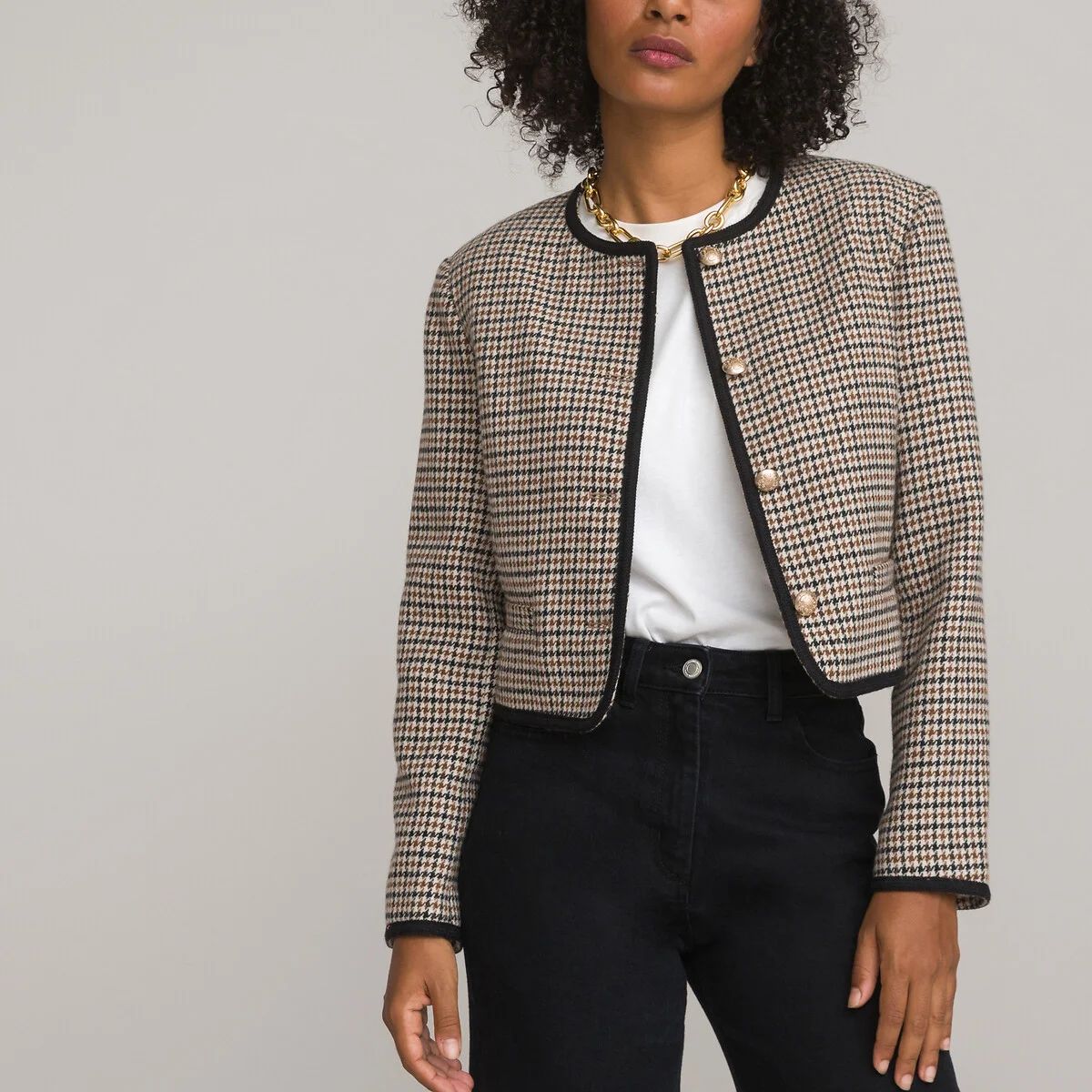 Recycled Fitted Cropped Jacket in Houndstooth Check | La Redoute (UK)