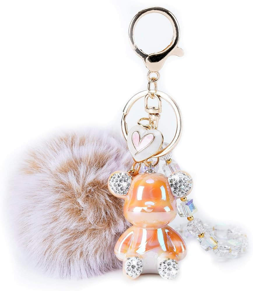 Bear Keychain, Cute Keychains for Women, Pink Car Accessories for Girly, Pink Pom Pom Keychain | Amazon (US)