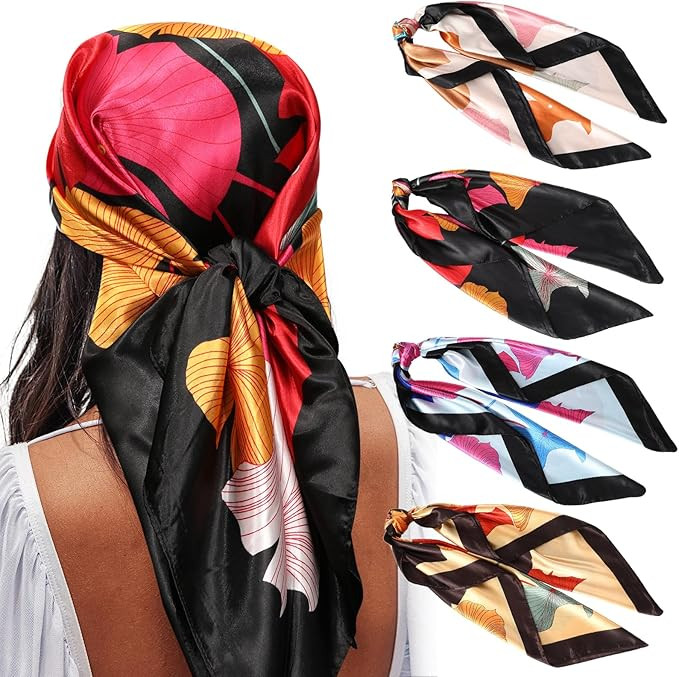 AWAYTR 35” Satin Large Square Head Scarves - 4PCS Silk Like Neck Scarf Hair Sleeping Wraps Sati... | Amazon (US)