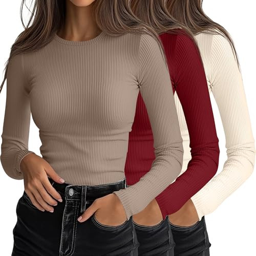 Ficerd 3 Pack Women's Ribbed Long Sleeve Tops, Crew Neck Slim Fit Undershirts Knit Basic Casual Stretch Layering Tee Shirts(Light Khaki, Dark Red, Light Beige,Medium) | Amazon (US)