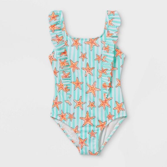 Girls' Starfish Striped Ruffle One Piece Swimsuit - Cat & Jack™ Aqua | Target
