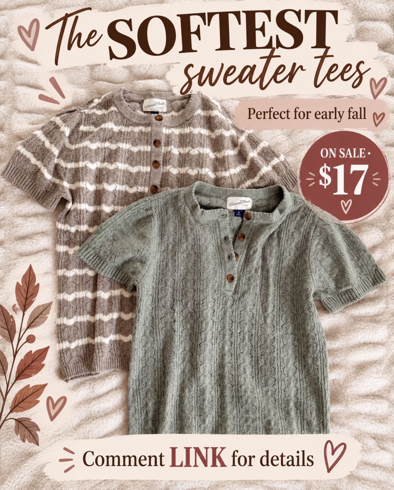 The SOFTEST little sweater tees are on sale for $17! Perfect for those warm early-fall days when you’re ready to dress for fall…but the weather isn’t 😂 Comment LINK for details!

#LTKSaleAlert #LTKOver40 #LTKSeasonal