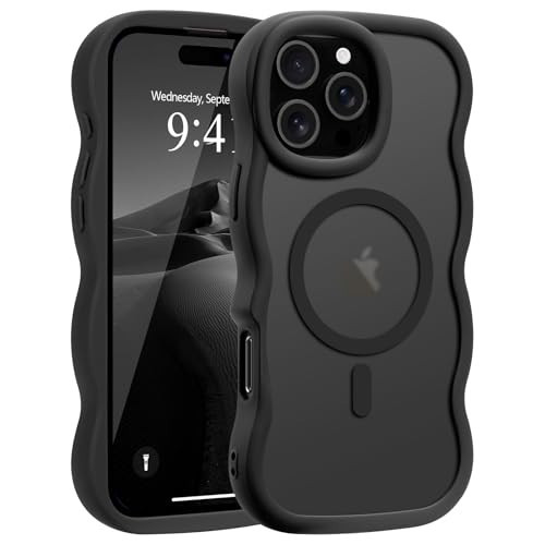 Pepmune for iPhone 16 Pro Max Case, Curly Wavy Frame Hard Translucent Matte Clear Back Cover for Women Men Compatible with Magsafe TPU Bumper Shockproof Phone Case for iPhone 16 Pro Max, Black | Amazon (US)