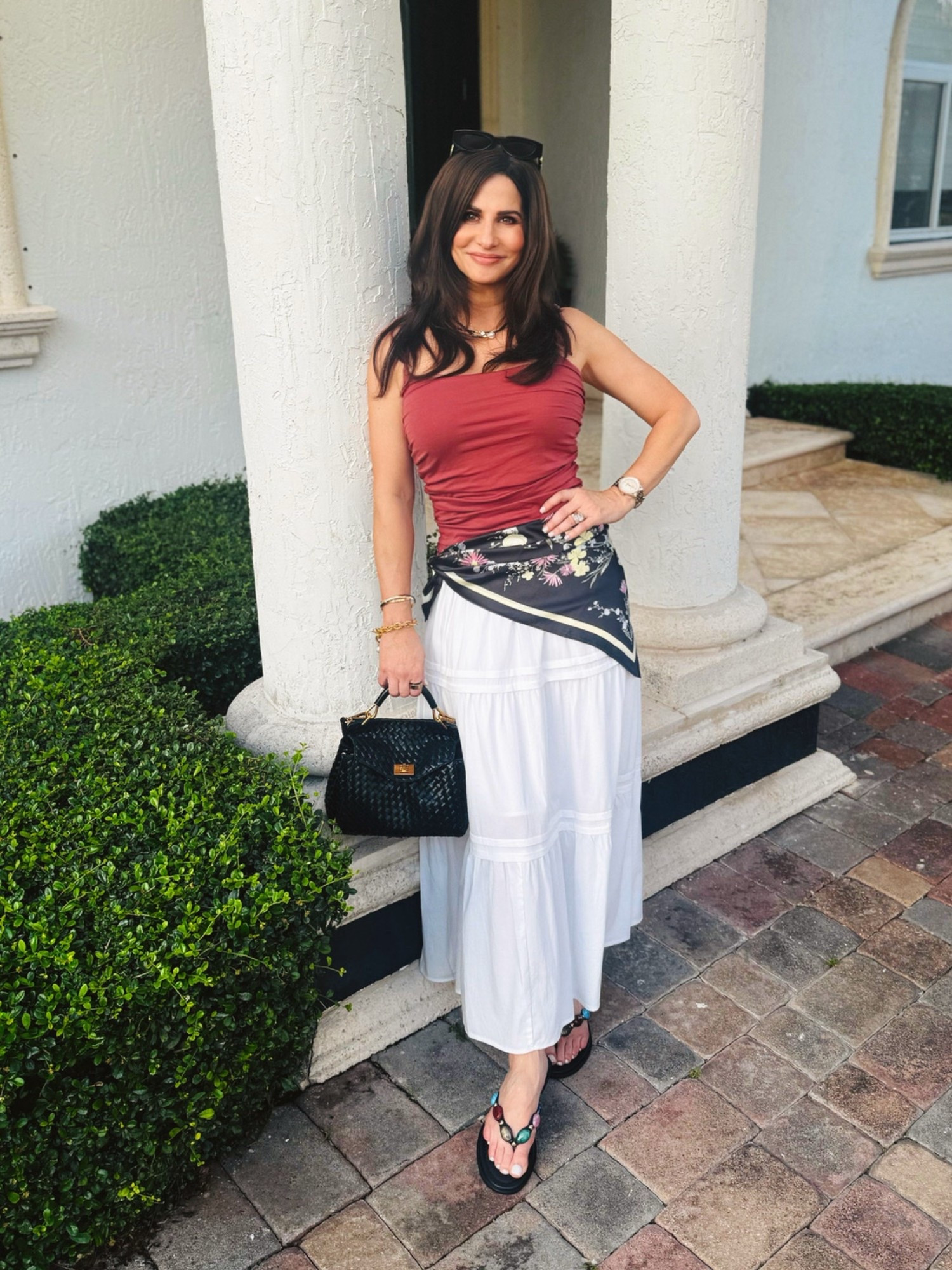 A fun summer look with the scarf detailing for an added pop . Skirt is old so I linked different white maxi skirt . Tank is a dm . Sandals TTS

#LTKootd #LTKOver40 #LTKSaleAlert