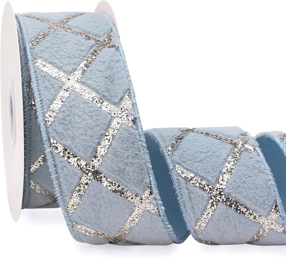 Ribbli Dusty Blue Velvet Wired Ribbon with Glitter 2.5 Inch Fluffy Faux Fur Christmas Ribbon for ... | Amazon (US)