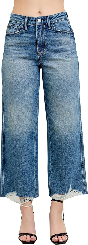 Judy Blue Women's Rigid Magic High-Rise Destroyed Hem Cropped Wide Leg Jeans | Amazon (US)