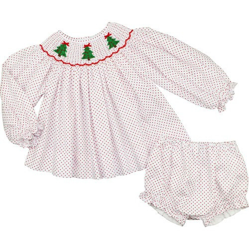 Red Dot Pique Smocked Christmas Tree Diaper Set  Shipping late November | Cecil and Lou