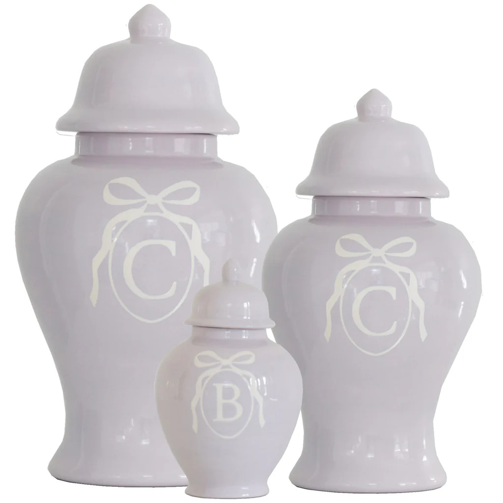 Monogrammed Bow Ginger Jars in Light Lavender for Lo Home x Veronika's Blushing | Lo Home by Lauren Haskell Designs