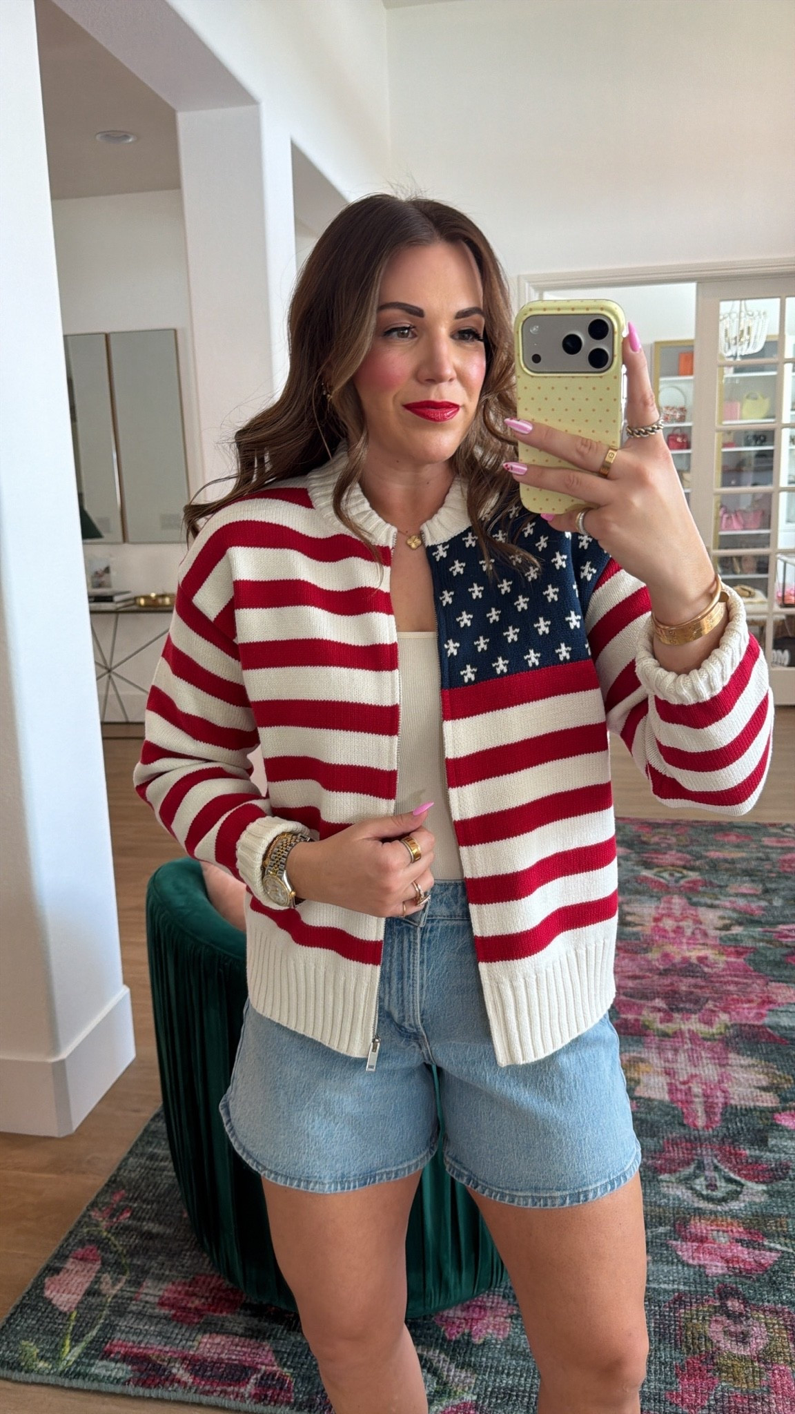 curvy midsize outfit for the 4th of July! wearing size medium in flag zip up sweater and size 30 in shorts

#LTKSeasonal #LTKMidsize